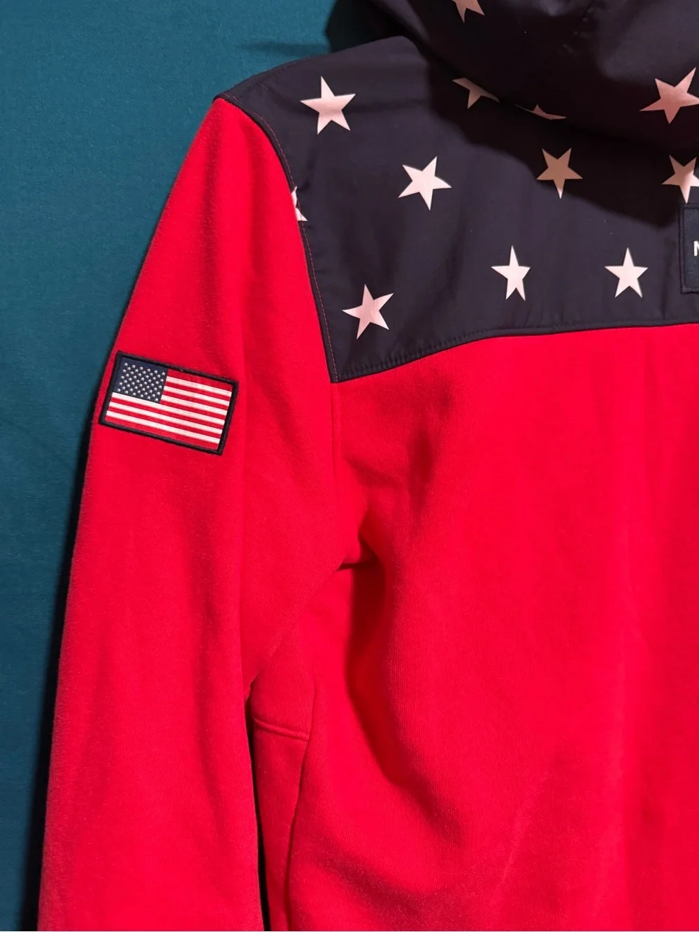 The North Face 2018 Olympic, Red Fleece Hoodie with Navy Star Yoke